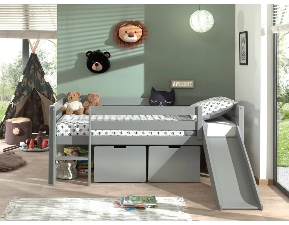 Pino szürke magasított gyerekágy csúszdával, 90 x 200 cm - Vipack