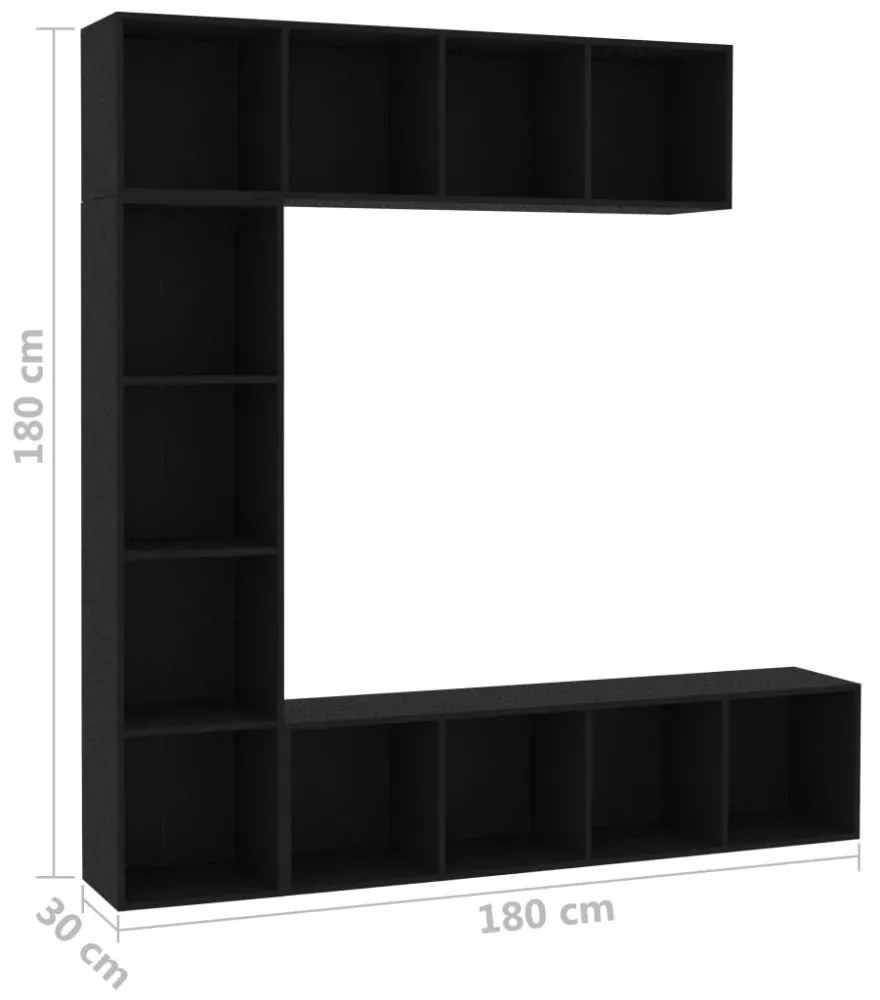 3-részes fekete könyv-/TV-szekrényszett 180 x 30 x 180 cm