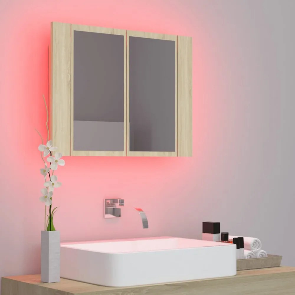tölgyszínű akril LED-es tükrös fürdőszobaszekrény 60x12x45 cm
