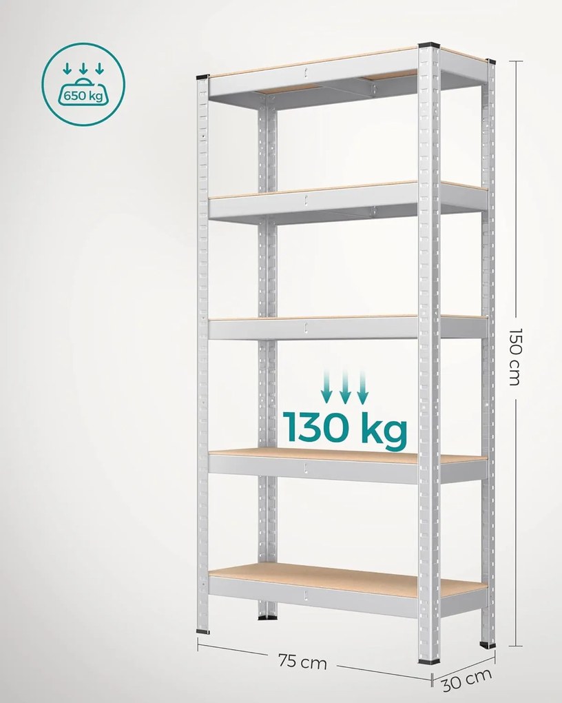 Ötszintes polcrendszer, acél polcrendszer tároláshoz, csavarmentes összeszerelés, teherbírás 650 kg, 30 x 75 x 150 cm, ezüst