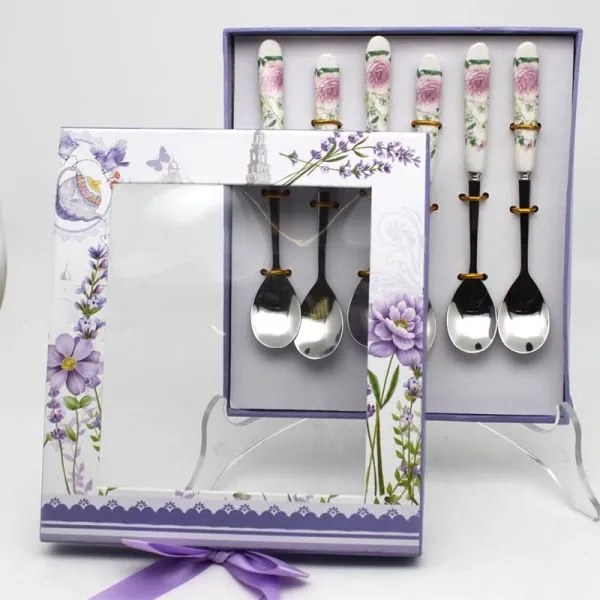 Rózsaszín virágos kiskanál szett porcelán nyéllel - 6 személyes - díszdobozos