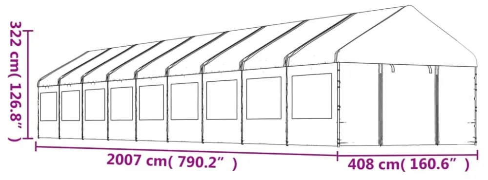 fehér polietilén pavilon tetővel 20,07 x 4,08 x 3,22 m