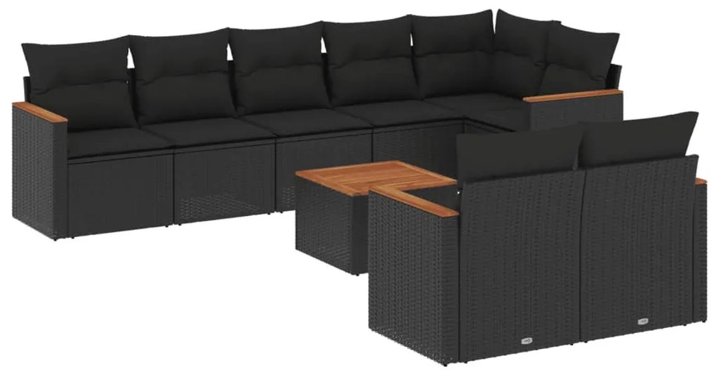 9 részes fekete polyrattan kerti ülőgarnitúra párnákkal
