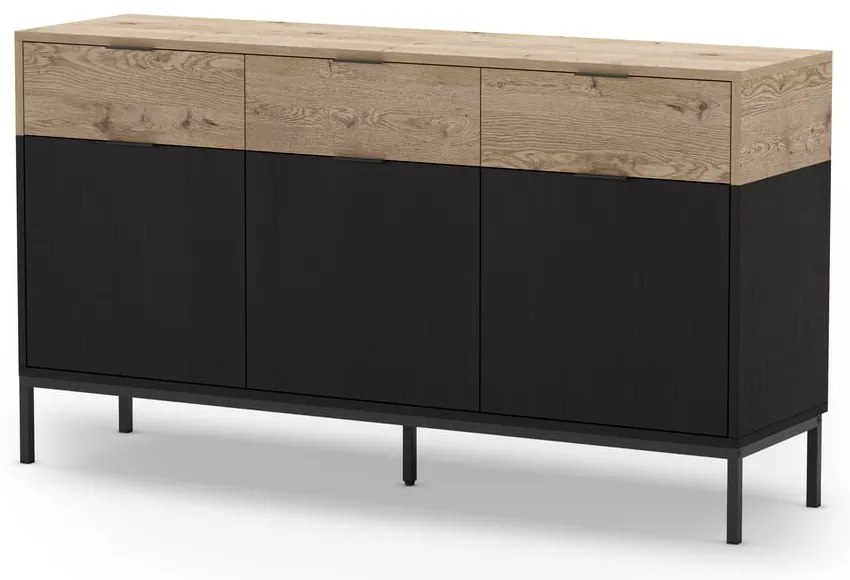 Fekete-natúr színű alacsony komód tölgyfa dekorral 150x80 cm Marion – Marckeric