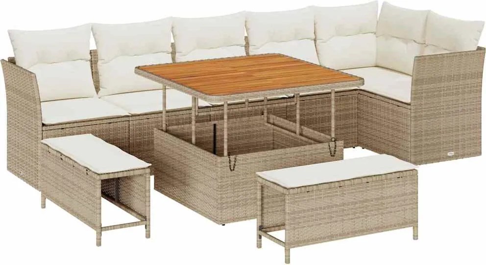 vidaXL Kerti Kanapé Szett 9 pcs Bézs polirattan