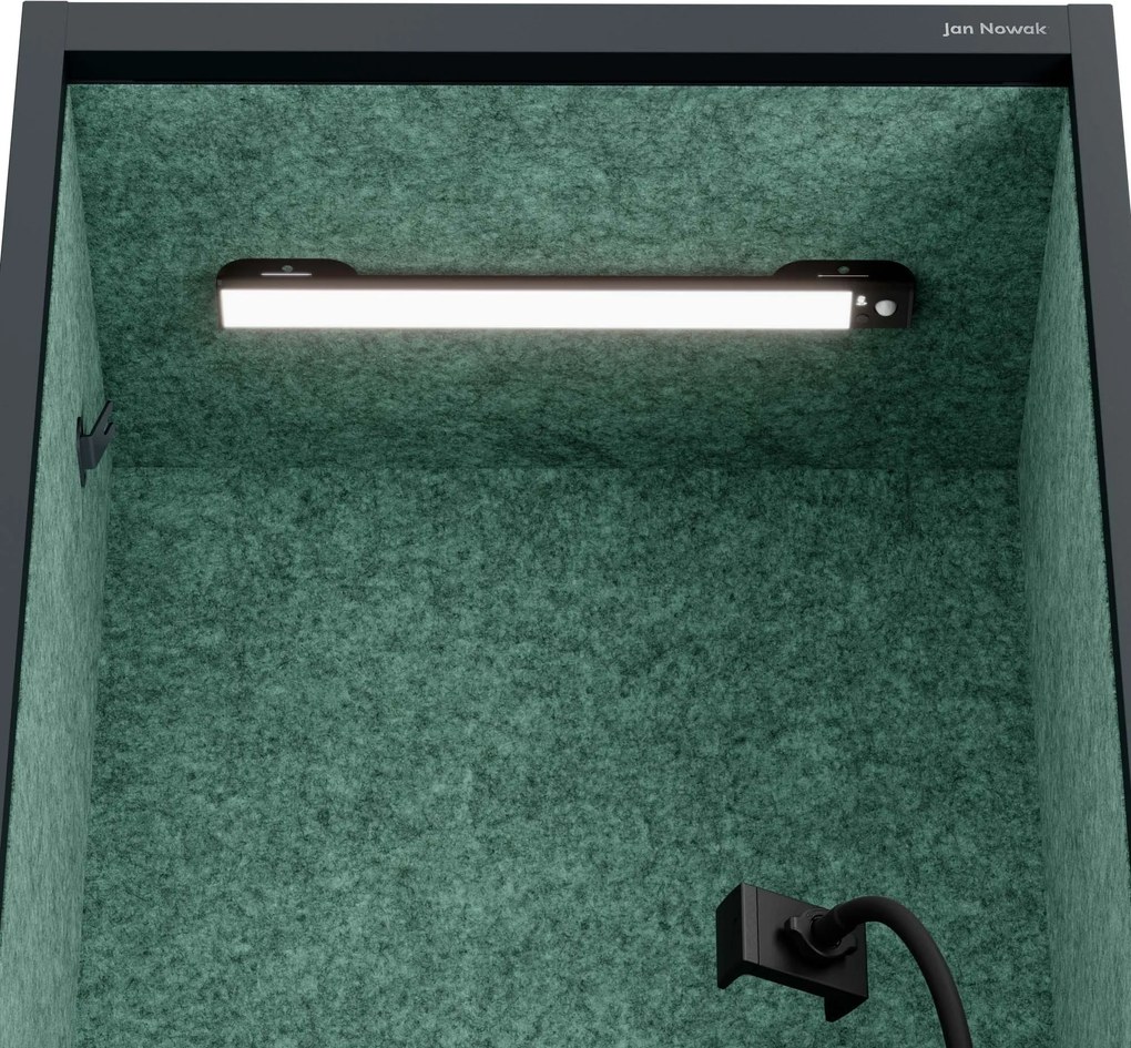 Irodai hangszigetelő fülke ülőkével és USB-C csatlakozóval, antracit színű váz / zöld ülőke, 600 mm: SALLY MentalBox