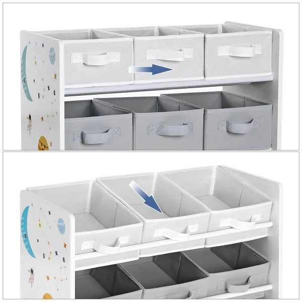 Gyerek tároló polc ANET kék-fehér textil dobozokkal