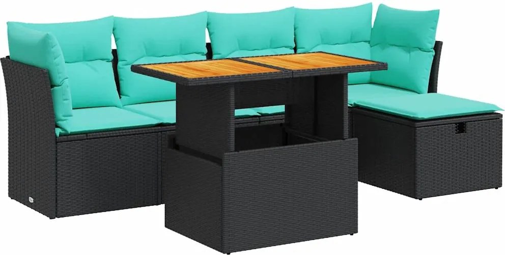 vidaXL 6 részes fekete polyrattan akácfa kerti ülőgarnitúra párnákkal