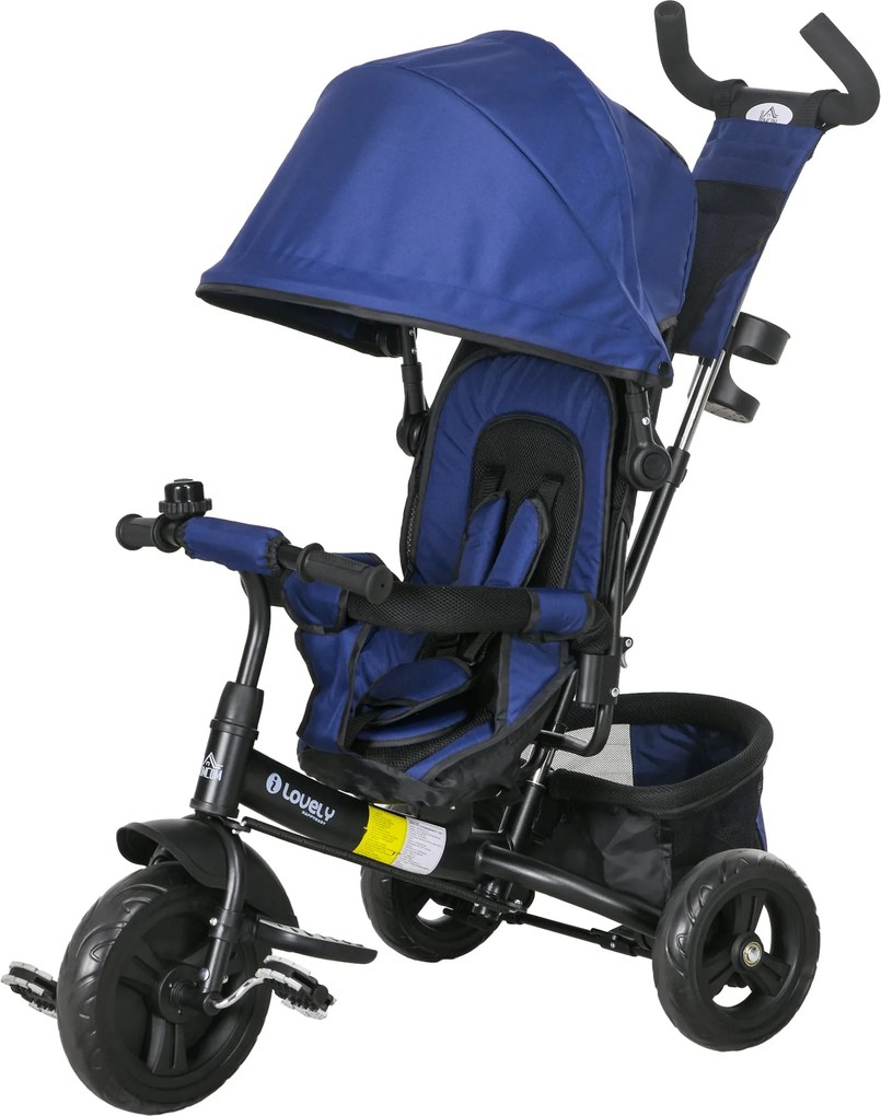 HOMCOM 6 az 1-ben tricikli tolókarral, eltávolítható napernyővel, párnával, egyensúlyozó kerékpár 5 pontos biztonsági övvel, kosárral, pohártartóval,