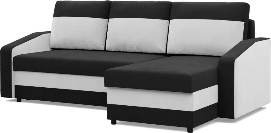Hewlet sarokkanapé, 2 ágyneműtartóval, szövet anyag, univerzális oldal, hab töltet, fekete - fehér