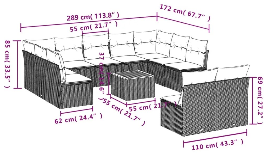 12 részes fekete polyrattan kerti ülőgarnitúra párnákkal