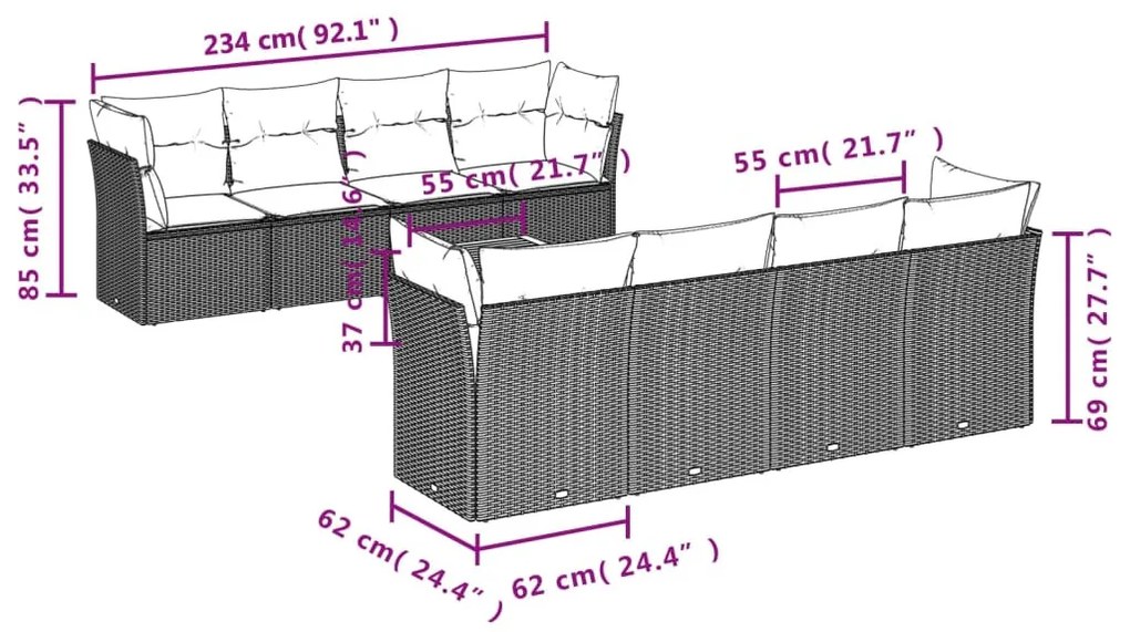 9 részes szürke polyrattan kerti ülőgarnitúra párnákkal