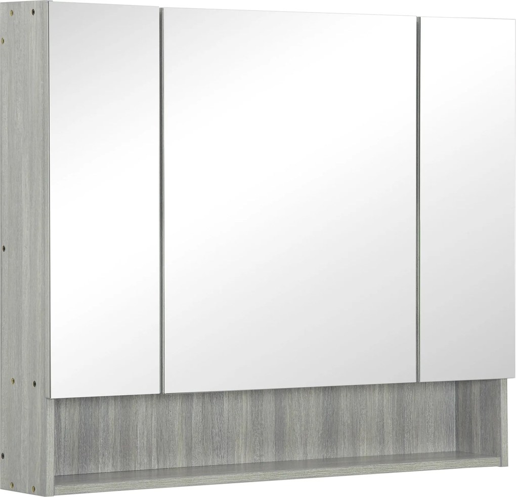 Kleankin Tükrös Szekrény 4 Rekesszel és Állítható Polcokkal, Fürdőszobai Tükör Fa és Üveg Anyagból, 90x15x75 cm, Szürke | Aosom
