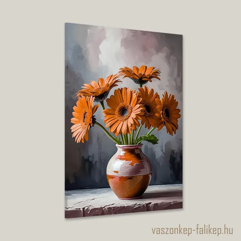 Narancssárga gerbera csokor vázában – elegáns prémium falikép 40x60cm