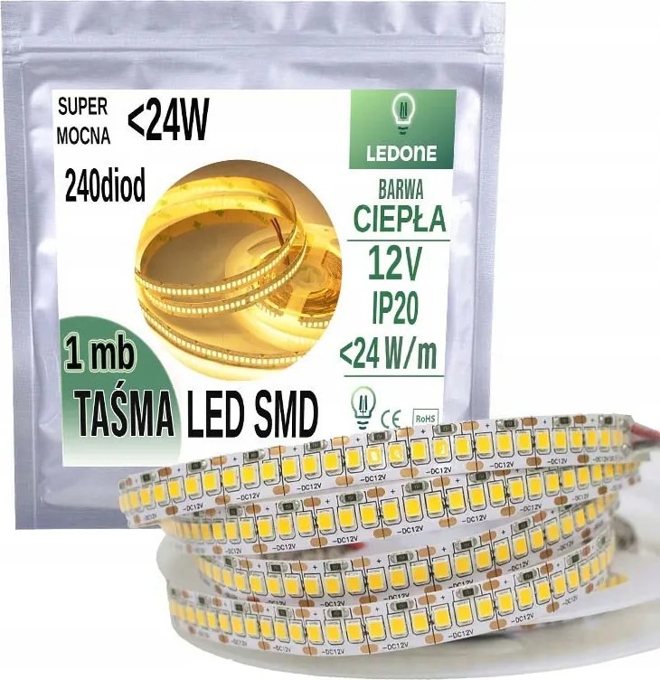 Led Szalag Szuper Erős Prémium 12V smd 2835 IP20 240dióda/m Meleg szín 1m
