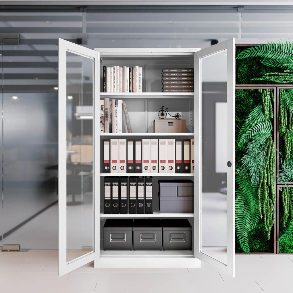 Vitrines fém szekrény üvegezett ajtókkal AMELIA, 900 x 1850 x 400 mm, fehér