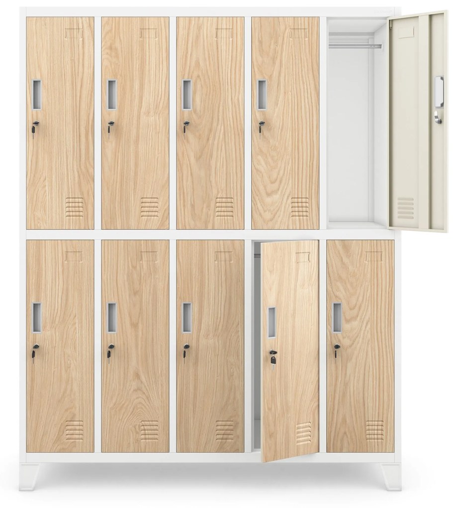 Pléh öltözőszekrény lábakon, 10 rekeszes BARTEK, 1360 x 1720 x 450 mm, Eco Design: fehér/ sonoma tölgy