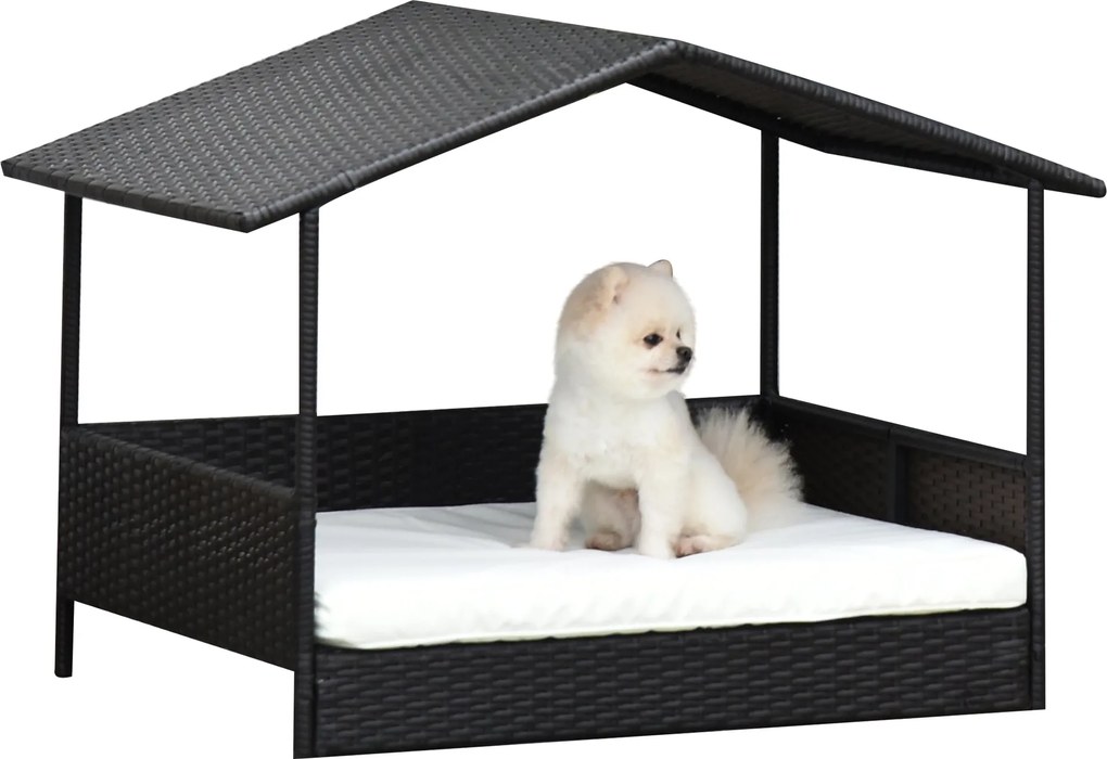 PawHut Rattan Kutyaház Tetővel, Emelt Kutyafekhely Kisméretű és Közepes Méretű Kutyák Számára, Hűsítősállás Fém Vázon, Kinti Kutyafekhely, 69 x 98 x 7