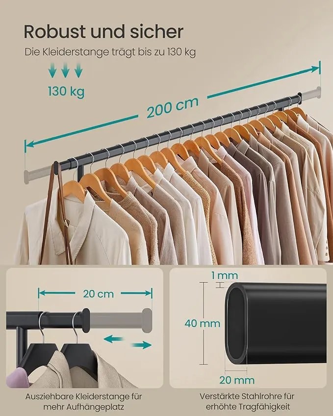 Ruhatartó állvány kerekekkel, nagy teherbírású gurulós gardróbállvány, max. 150 kg terhelhetőség, fekete