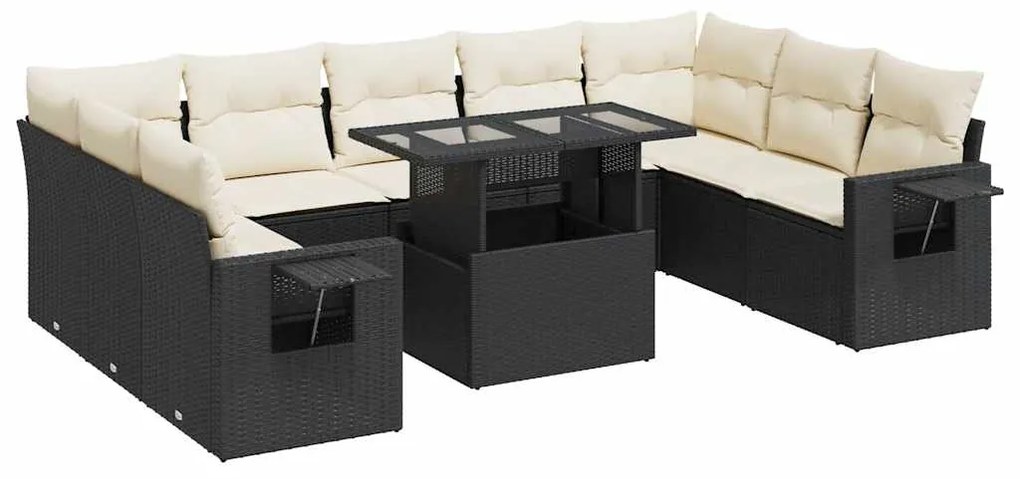 vidaXL 10 részes fekete polyrattan kerti ülőgarnitúra párnákkal