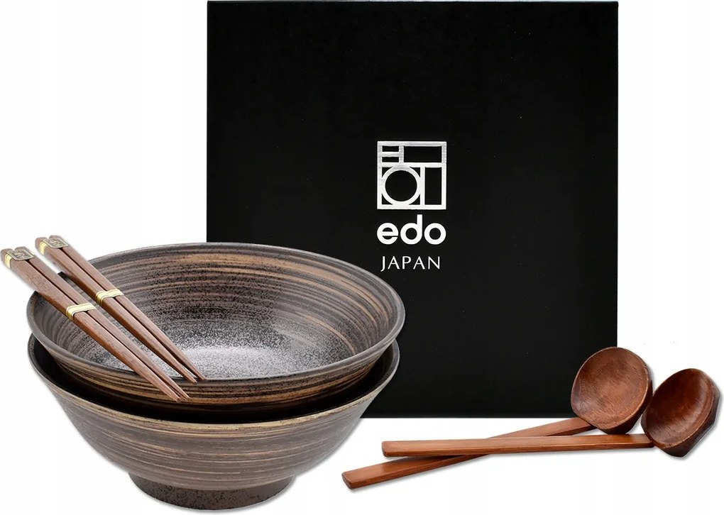 2 db-os tál szett kanállal és pálcikákkal Ramen Uzu Brown 22/1100ml Ajándékdoboz