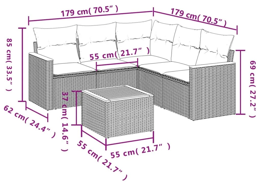 6 részes fekete polyrattan kerti ülőgarnitúra párnákkal