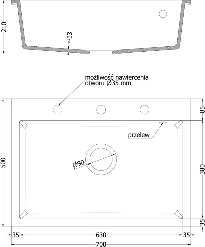 Mexen Elix gránit mosogató 1-medencés 700 x 500 mm, fehér, króm szifon - 6526701005-20