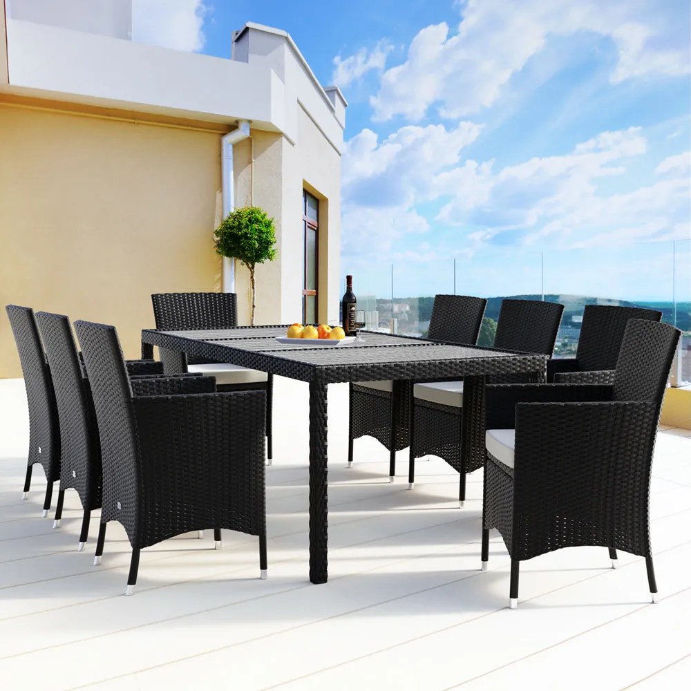 Casaria® Berlin WPC 1+8 polyrattan kerti bútor szett - fekete