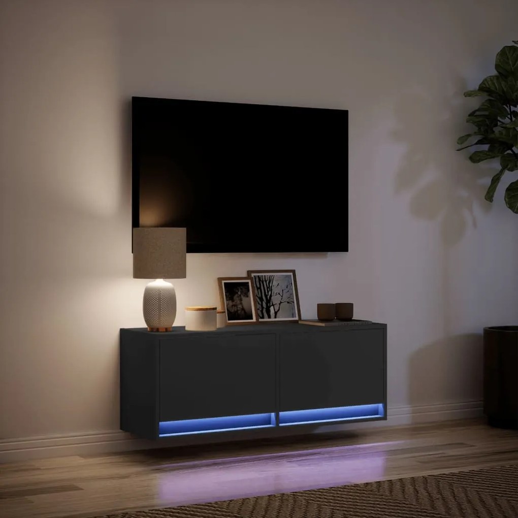 fekete fali TV-szekrény LED-világítással 100x31x35 cm