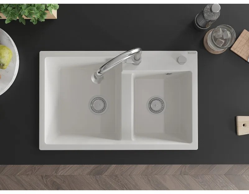 Mexen Tomas, 2 kamrás gránit mosogató 800x500x190 mm és Elia mosogató csaptelep, fehér, 6516-20-670101-00
