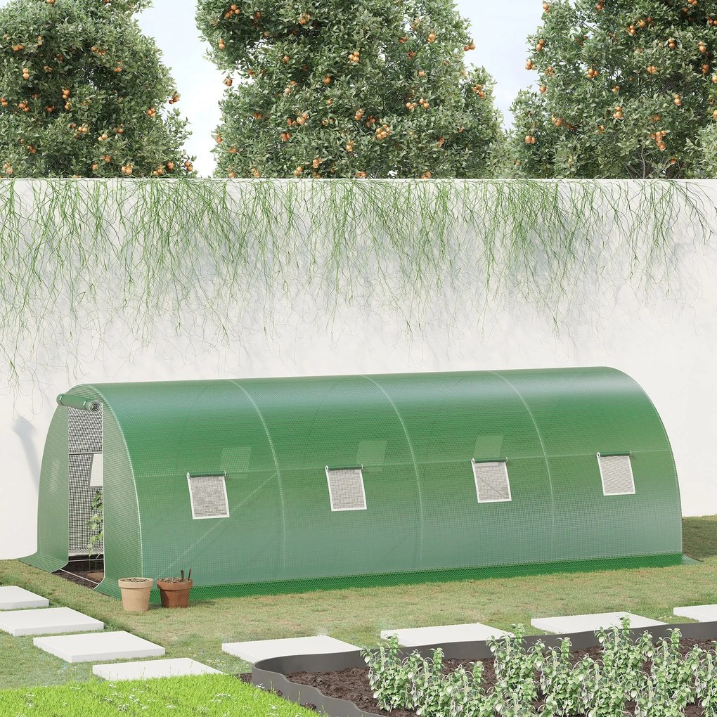 Outsunny Kert Tunnelláda Üvegház 18 m² 6L x 3W x 2H m - 8 Ablak, Cipzáras Felhúzható Ajtó - Horganyzott Acél Váz, Magas Sűrűségű PE Zöld Fedél | Aosom