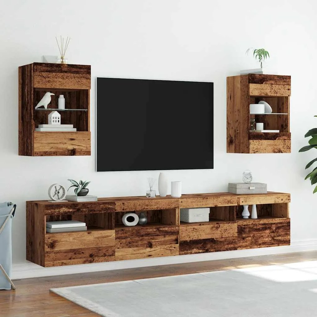 2 db antik fa fali TV-szekrény LED-világítással 40x30x60,5 cm