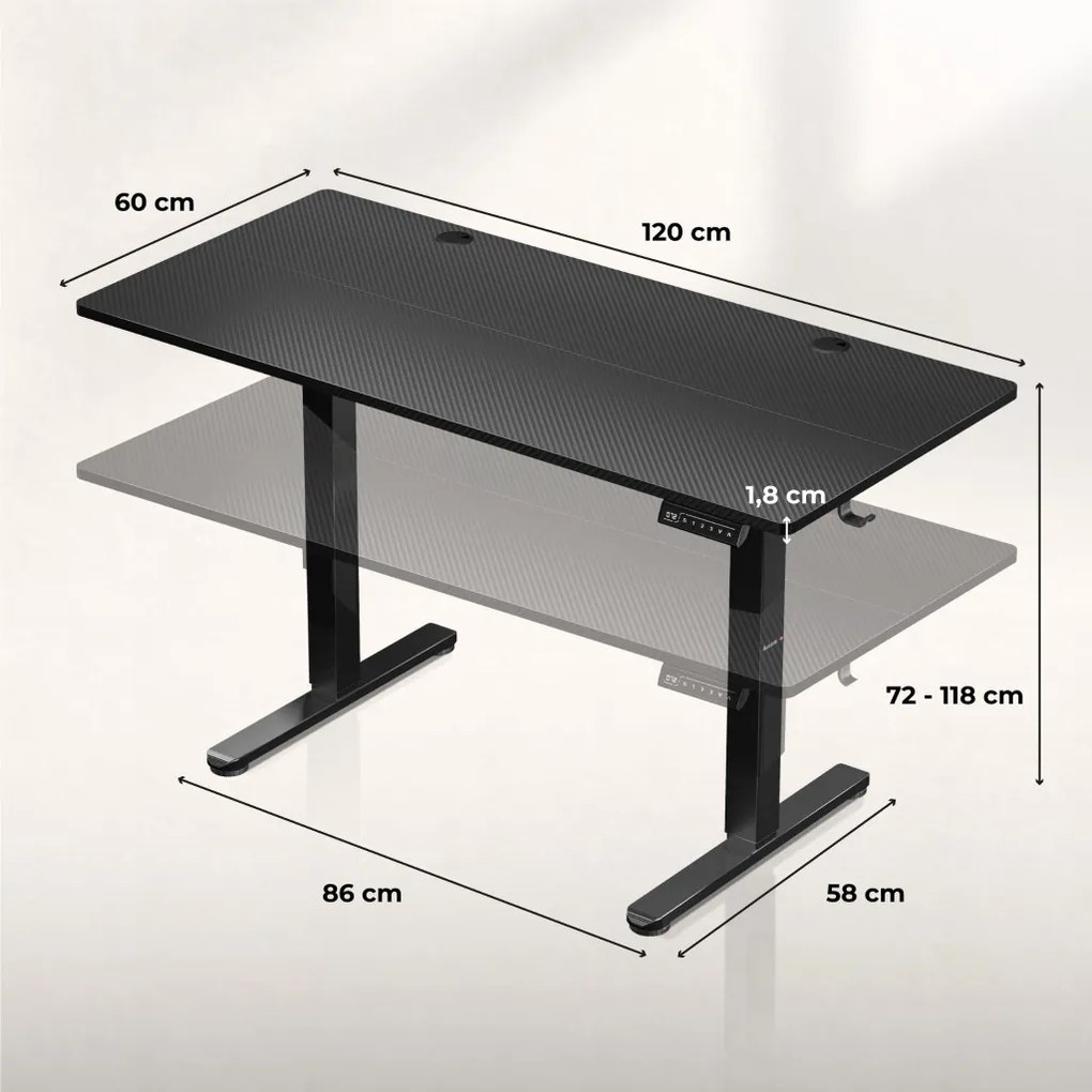 Elektromos állítható magasságú íróasztal, memória funkcióval, 120 cm x 60 cm, fekete