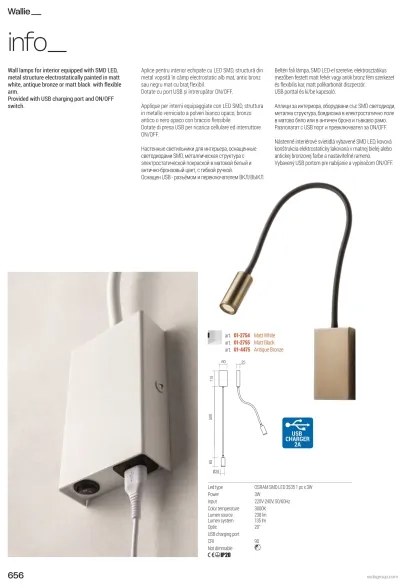 Redo 01-4475 - WALLIE hajlítható LED lámpa, 3W, 230V, USB, CRI 90, bronz színű