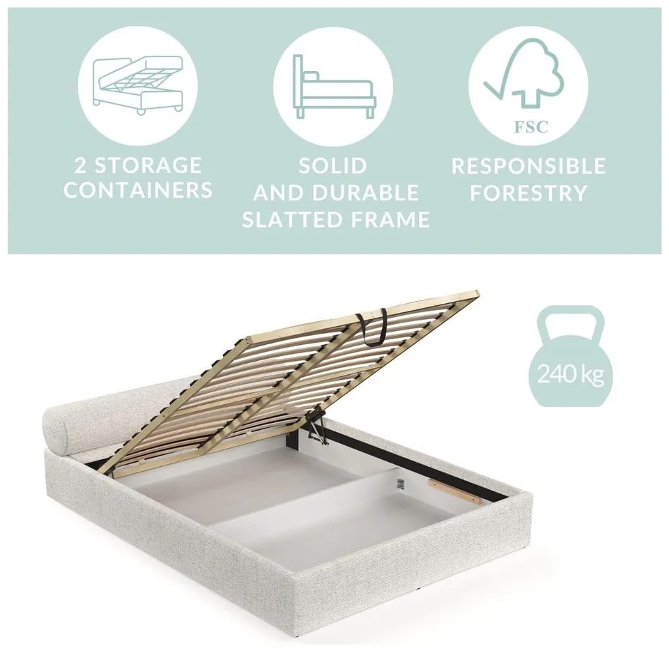 Krémszínű kárpitozott ágyneműtartós franciaágy ágyráccsal 160x200 cm Solvo – Maison de Rêve