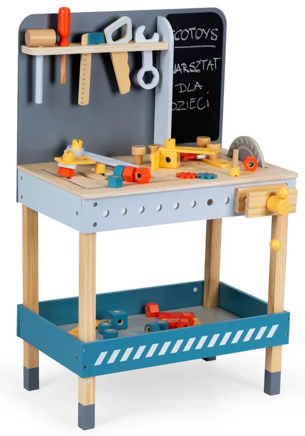 Fa barkács asztal szerszámokkal krétatáblával 47 darab