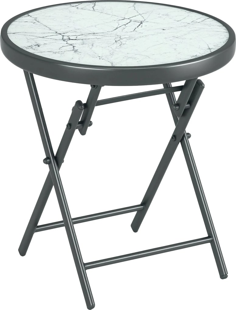 Outsunny Összecsukható Oldalsó Asztal, Üveg Összecsukható Asztal Márvány Hatással, Kis Kempingasztal, Kerek Kávézó Asztal Erkély Asztalhoz, 45 x 45 x
