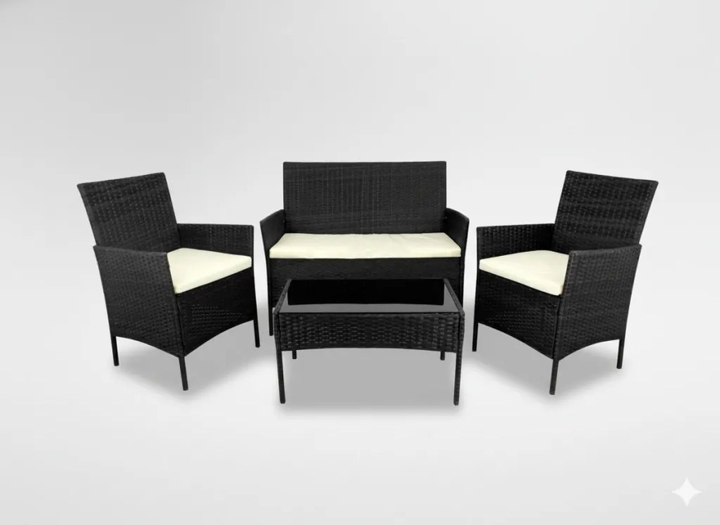 RATTAN BÚTORSZETT (KANAPÉ, 2 FOTEL, ASZTAL), FEKETE + KRÉMSZÍNŰ PÁRNÁKKAL