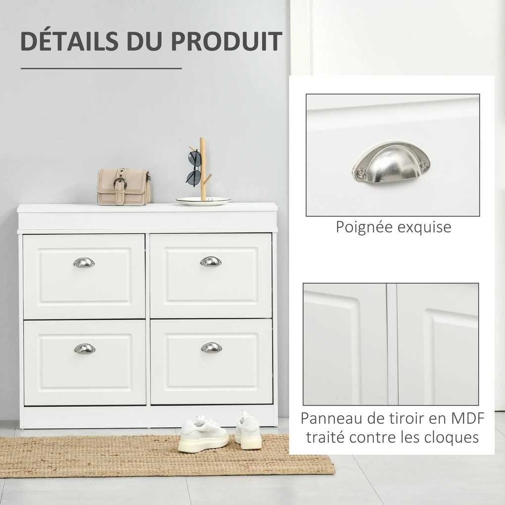 HOMCOM Cipőszekrény Cipőtároló Egység 98 x 24 x 83 cm 4 Lehajtható Ajtó Dupla Szint MDF Fehér | Aosom