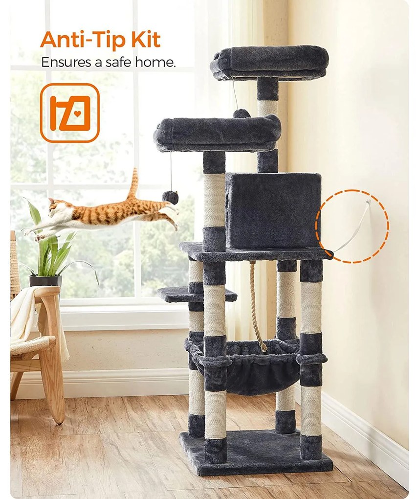 FEANDREA Macska kaparó, stabil macskatorony, 2 plüss fekhely, 143 cm