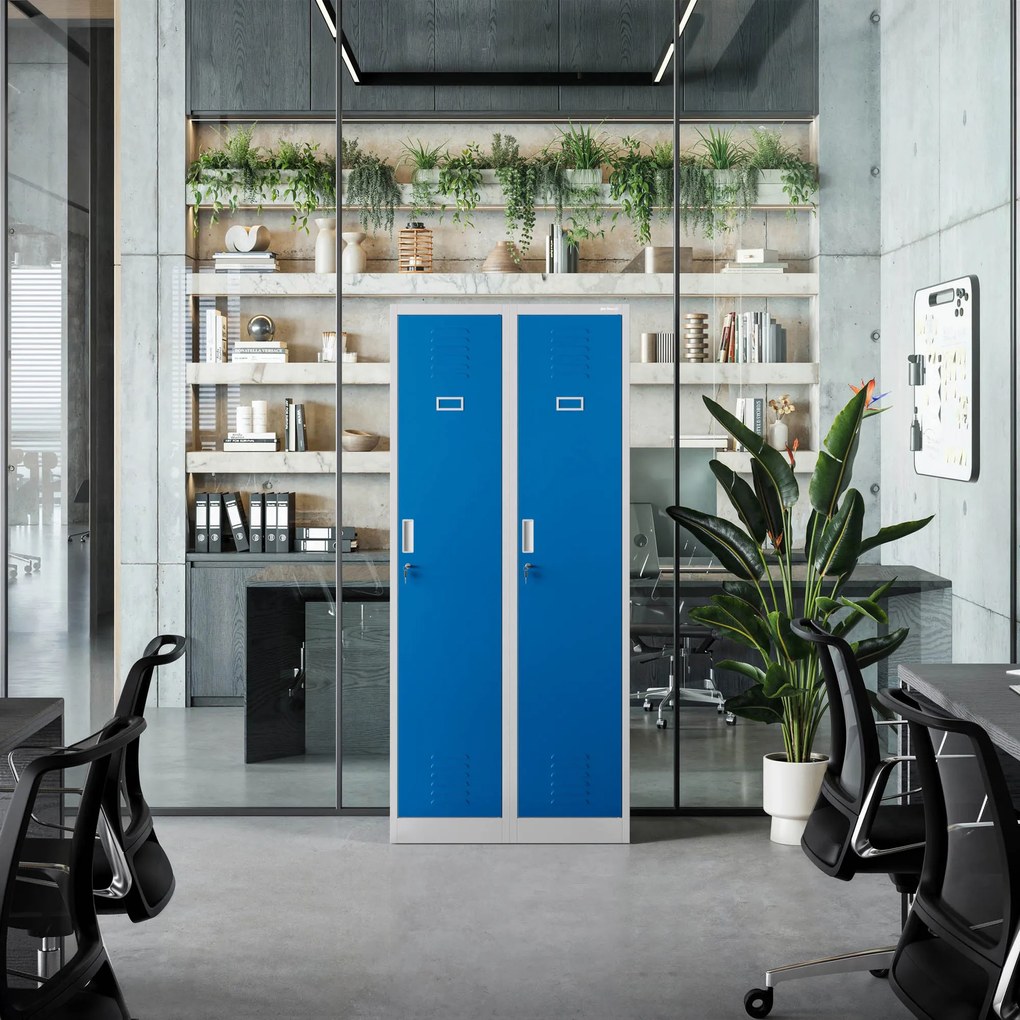 Pléh öltözőszekrény talpazaton, kétmodulos, polccal és köztes fallal KACPER, 800 x 1800 x 500 mm, szürke-kék