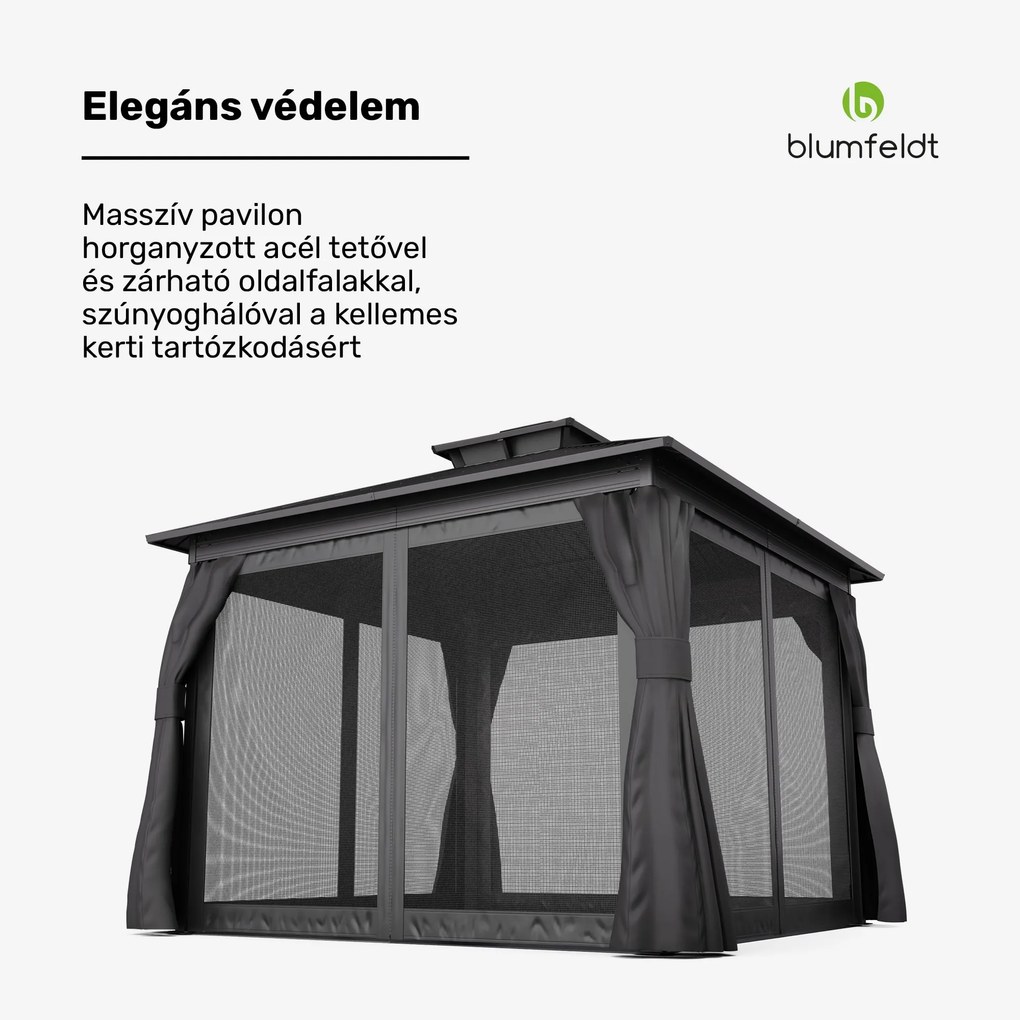 Blumfeldt ShadeFortress, pavilon, 3 x 3 m, horganyzott acél tető, véd a nap, eső és szél ellen