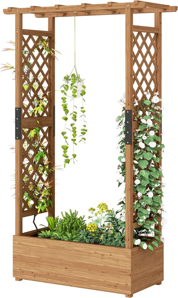 Outsunny emelt ágyás rácsos tetővel és akasztópolccal — fa virágláda mászótámasszal és vízelvezetéssel, 110 × 44 × 181 cm | Aosom