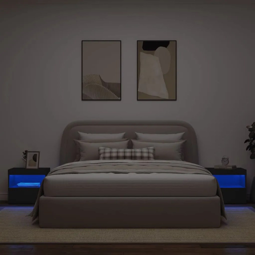 2 db fekete műfa éjjeliszekrény LED-fényekkel 50x40x45 cm