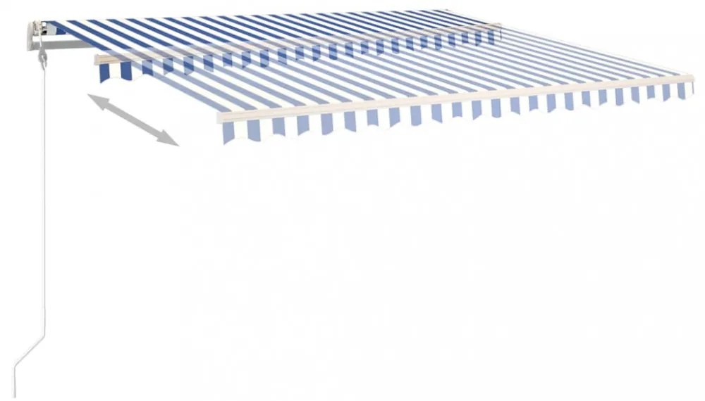 kék és fehér kézzel kihúzható póznás napellenző 450 x 350 cm