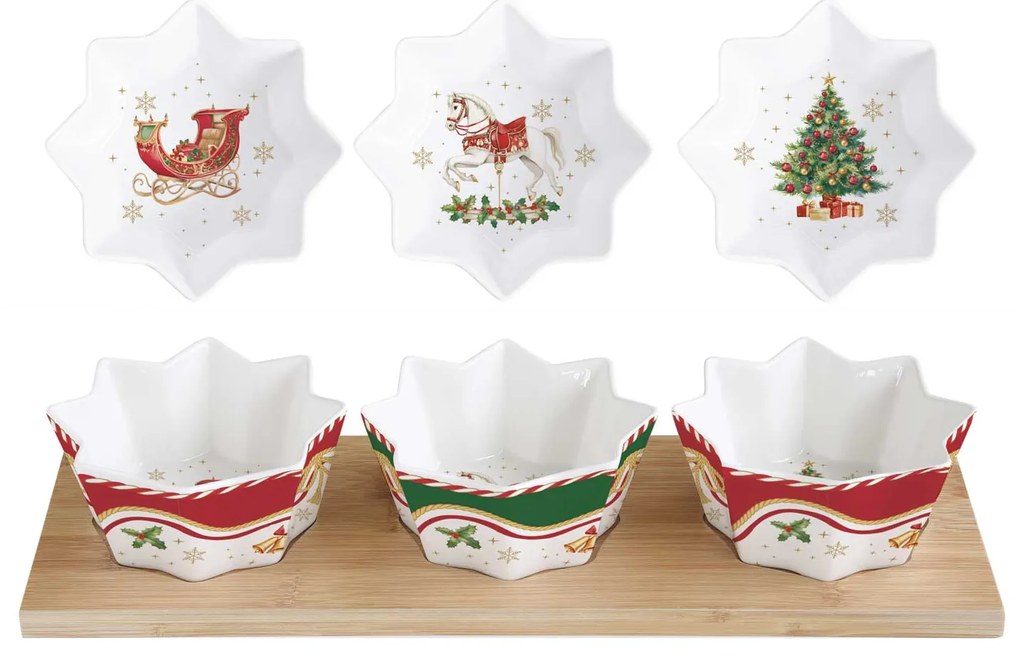 Karácsonyi porcelán 3 db tálka szett bambusz tálcán díszdobozban Christmas Tale