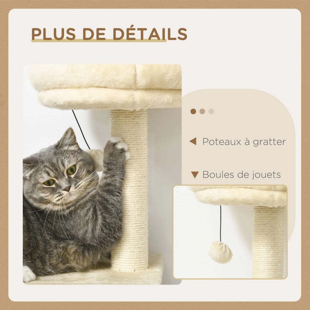PawHut MacskaFa Kaparó Játszótorony DIY Tervezéssel, 171 cm Magasságú Aktiváló Központ 2 Fülkével, 6 Platformmal, 2 Lógó Pom-pommal Bézs | Aosom