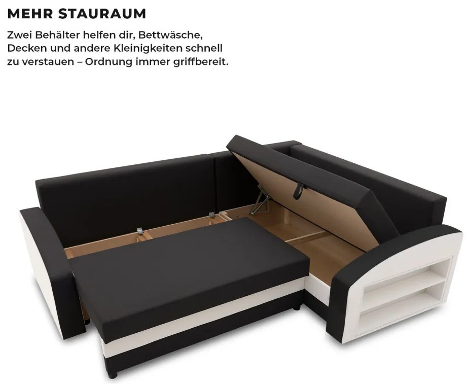 Grande sarokkanapé polcokkal , polc a jobb karfaban, jobboldali, szövet anyag, hab töltet, fekete - fehér