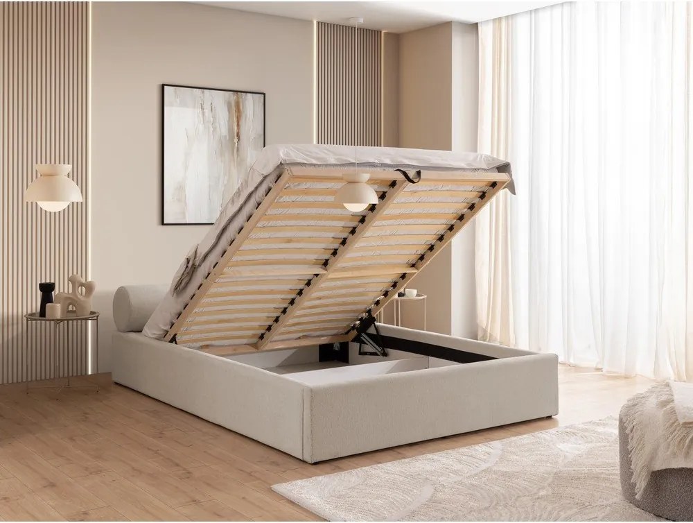 Bézs kárpitozott ágyneműtartós franciaágy ágyráccsal 200x200 cm Cille – Ropez