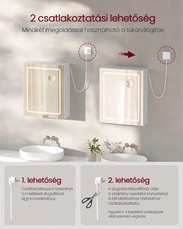 VASAGLE KAILYN tükrös fürdőszobai faliszekrény LED világítással, páramentesítő funkcióval, 10x-es nagyítótükörrel, 16,5 x 50 x 60 cm, fehér